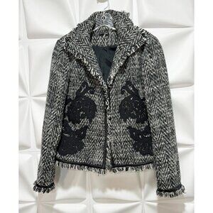 600 West Sz 8 Black White Tweed Fringed Applique Blazer Jacket